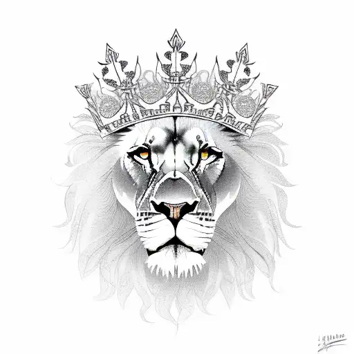 A majestic lion wearing a crown, surrounded by musical notes and flowers tattoo design idea