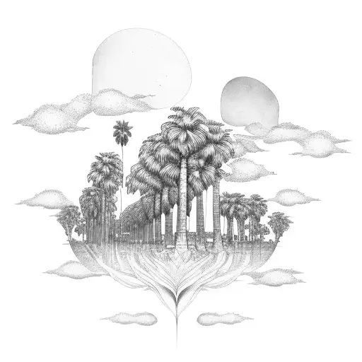 An avenue of palm trees leading to a heart-shaped island, surrounded by musical notes tattoo design idea