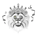A majestic lion wearing a crown, surrounded by musical notes and flowers tattoo design idea