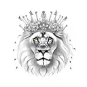 A majestic lion wearing a crown, surrounded by musical notes and flowers tattoo design idea