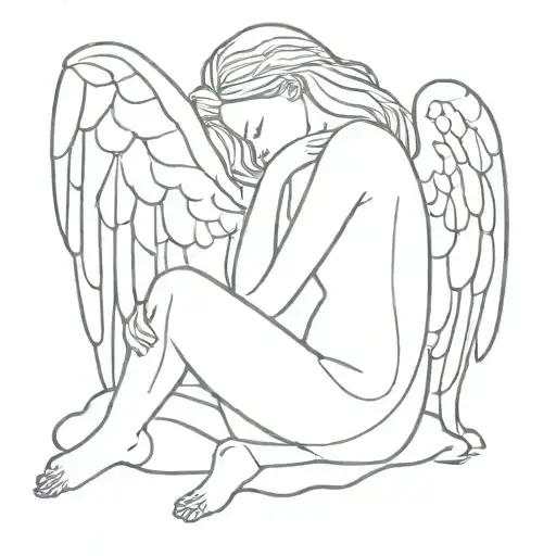 ethereal angel with her head resting in knees tattoo design idea