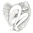 ethereal angel with her head resting in knees tattoo design idea