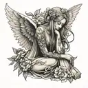 ethereal angel with her head resting in her knees sitting on a blossoming flower  tattoo design idea