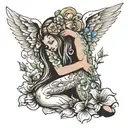 ethereal angel with her head resting in her knees sitting on a blossoming flower  tattoo design idea