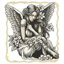 ethereal angel with her head resting in her knees sitting on a blossoming flower  tattoo design idea