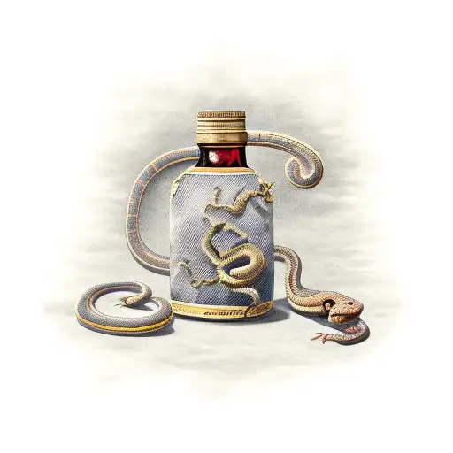 aged antique wine bottle with Vietnamese amber colored snake coiled inside   tattoo design idea