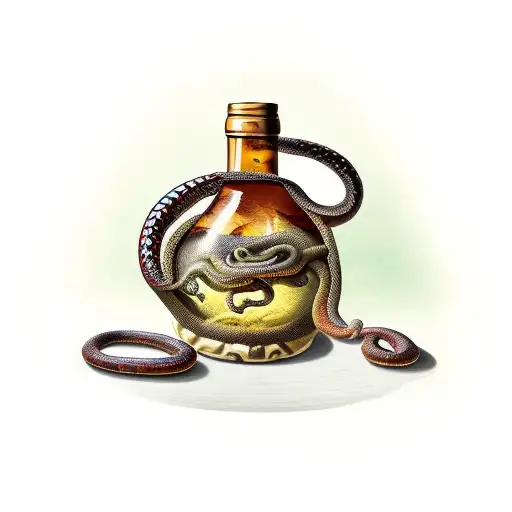 aged antique wine bottle with Vietnamese amber colored snake coiled inside   tattoo design idea