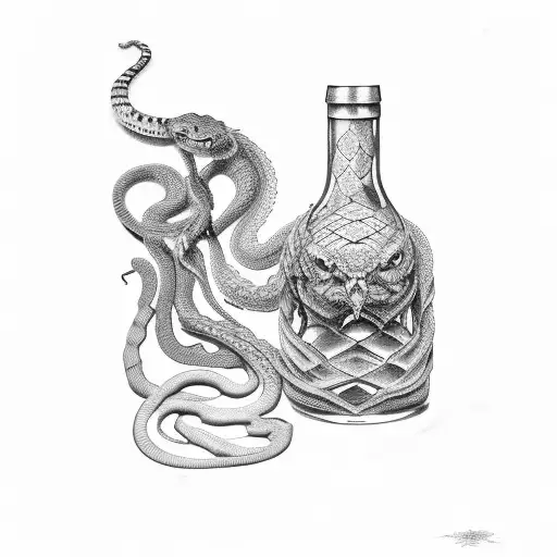 aged antique wine bottle with Vietnamese amber colored snake coiled inside   tattoo design idea