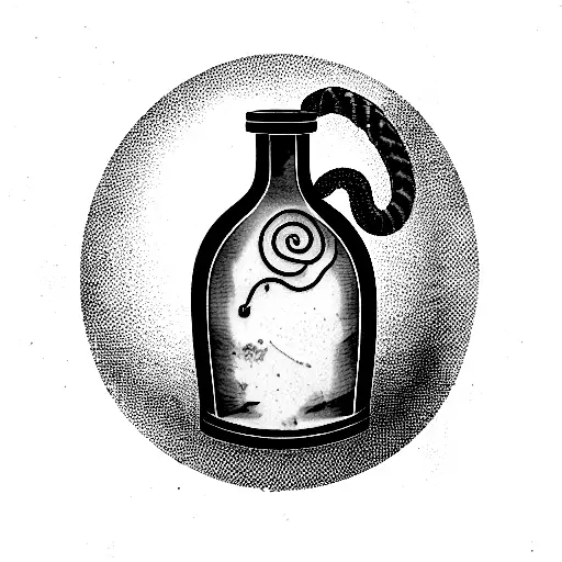 aged antique wine bottle with Vietnamese amber colored snake coiled inside   tattoo design idea
