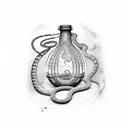 aged antique wine bottle with Vietnamese amber colored snake coiled inside   tattoo design idea
