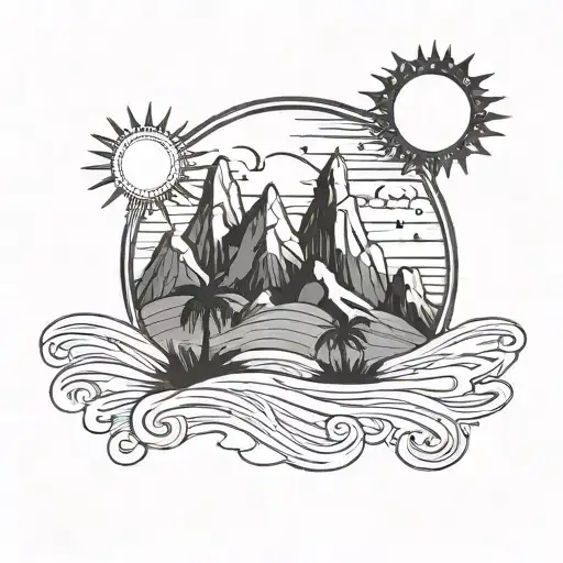 Mountains stars beach palmtrees sun moon surrounded tattoo design idea