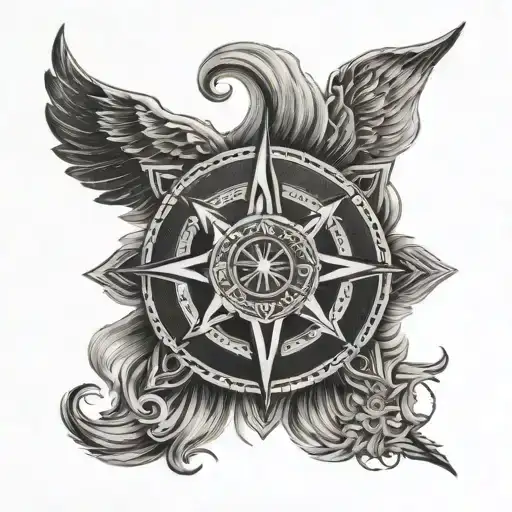 A fusion tattoo design combining elements of Tibetan script, a lion's mane, and a compass rose, symbolizing the client's passion for travel and admiration for Hudson Taylor tattoo design idea
