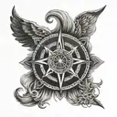 A fusion tattoo design combining elements of Tibetan script, a lion's mane, and a compass rose, symbolizing the client's passion for travel and admiration for Hudson Taylor tattoo design idea