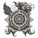 A fusion tattoo design combining elements of Tibetan script, a lion's mane, and a compass rose, symbolizing the client's passion for travel and admiration for Hudson Taylor tattoo design idea