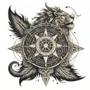 A fusion tattoo design combining elements of Tibetan script, a lion's mane, and a compass rose, symbolizing the client's passion for travel and admiration for Hudson Taylor tattoo design idea