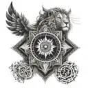 A fusion tattoo design combining elements of Tibetan script, a lion's mane, and a compass rose, symbolizing the client's passion for travel and admiration for Hudson Taylor tattoo design idea