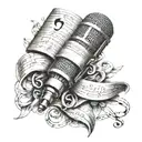 A microphone intertwined with musical notes and a Bible verse in different languages, reflecting the client's love for singing and language tattoo design idea
