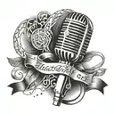 A microphone intertwined with musical notes and a Bible verse in different languages, reflecting the client's love for singing and language tattoo design idea