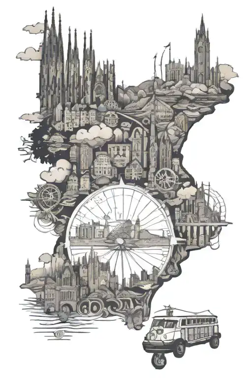 travel tattoo featuring Barcelona and Edinburgh tattoo design idea