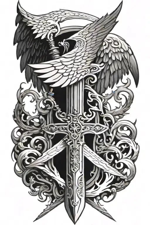 sword with angel wing and demon wing tattoo design idea