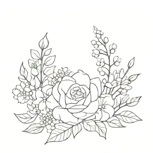 birth flower bouquet with June, December, November, August, and May  tattoo design idea