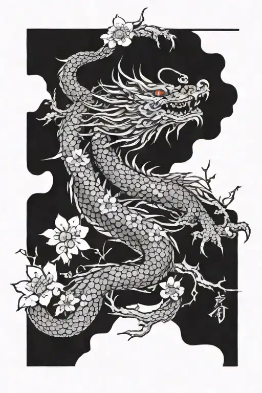 japanese dragon with cherry blossoms and a chinese vertical line on the left  tattoo design idea