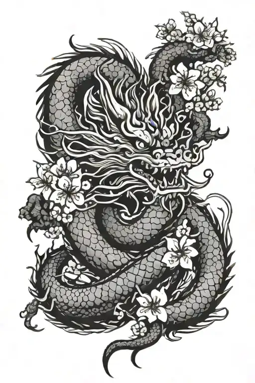 japanese dragon with cherry blossoms and a vertical chinese quote on the left  tattoo design idea