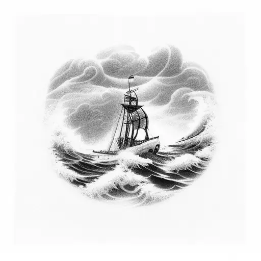 a ship at sea with high waves because of the storm with some dark clouds and lightning in the background. Add a octopus tattoo design idea