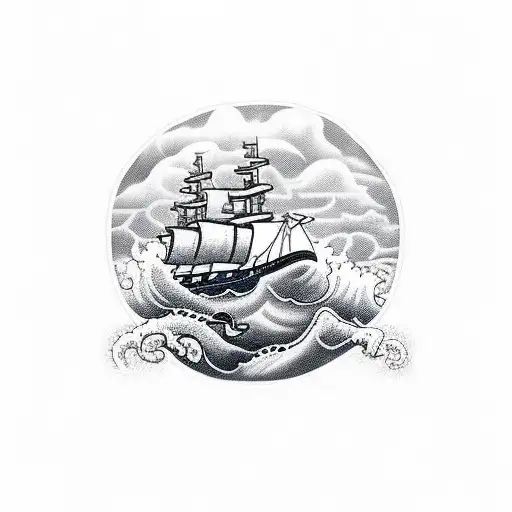 a ship at sea with high waves because of the storm with some dark clouds and lightning in the background. Add a octopus tattoo design idea