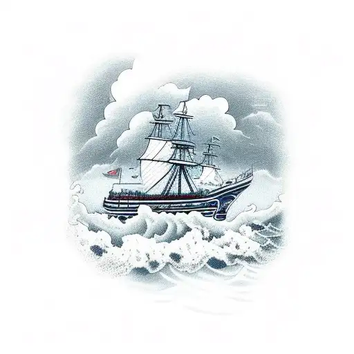a ship at sea with high waves because of the storm with some dark clouds and lightning in the background. Add a octopus tattoo design idea