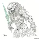 Detailed sketch of the Predator in a dynamic pose with a technological mask and metallic dreadlocks, surrounded by jungl tattoo design idea