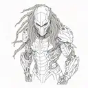 Detailed sketch of the Predator in a dynamic pose with a technological mask and metallic dreadlocks, surrounded by jungl tattoo design idea
