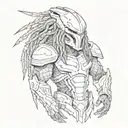 Detailed sketch of the Predator in a dynamic pose with a technological mask and metallic dreadlocks, surrounded by jungl tattoo design idea
