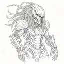 Detailed sketch of the Predator in a dynamic pose with a technological mask and metallic dreadlocks, surrounded by jungl tattoo design idea