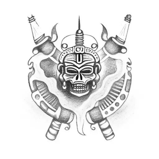 Mictlantecuhtli, the Aztec god of the underworld, in a black-grey style tattoo design idea
