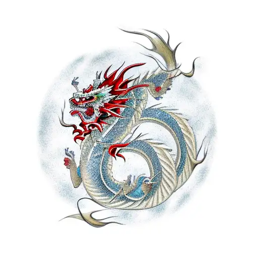 japanese dragon with red splatter in the background tattoo design idea