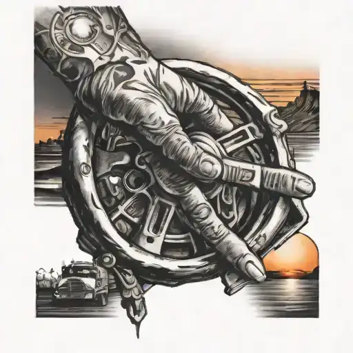 A detailed tattoo of a truck driver's hands gripping the steering wheel with a California sunset in the background tattoo design idea