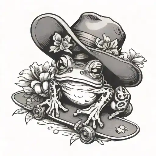 frog drawing + flower + hat + skate tattoo design idea
