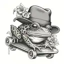 frog drawing + flower + hat + skate tattoo design idea
