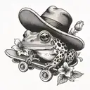 frog drawing + flower + hat + skate tattoo design idea