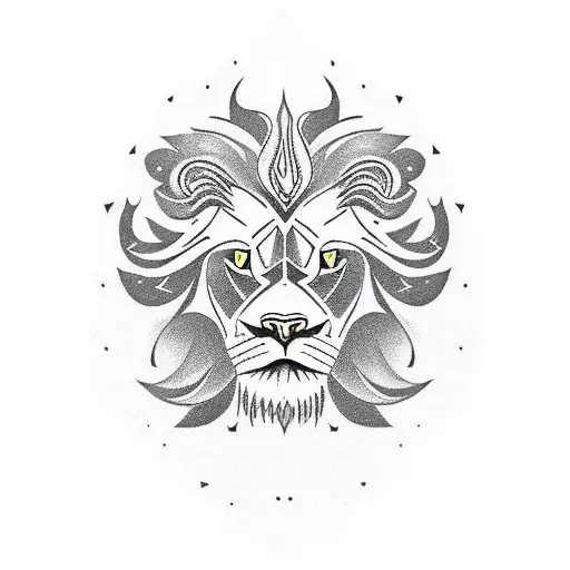 A fierce and powerful lion head with a third eye prominently displayed on its forehead. The lion symbolizes strength, co tattoo design idea