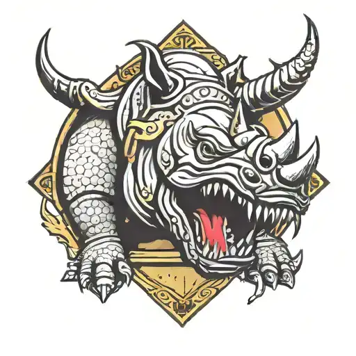 An armored shield on the left breast bearing the face of a powerful rhinoceros with venomous eyes tattoo design idea