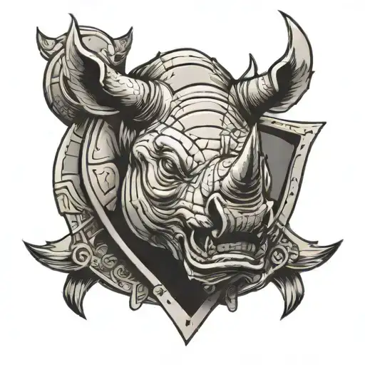 An armored shield on the left breast bearing the face of a rhinoceros wit eyes tattoo design idea