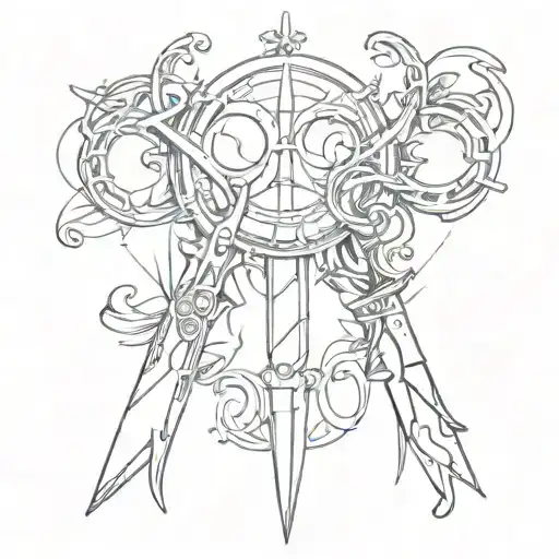 A pair of scissors intertwined with mystical symbols tattoo design idea