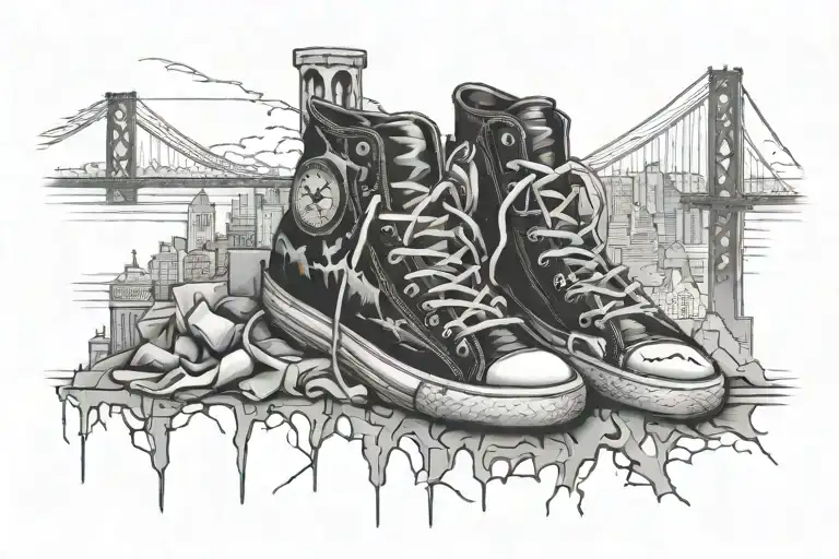 ghetto city skyline with shoes on powerline tattoo design idea