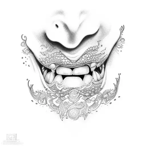 organic mouth biting eyes tattoo design idea