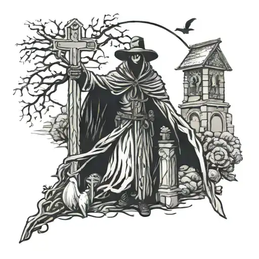black plague doctor beneath him a cemetery full of crosses and dead people tattoo design idea