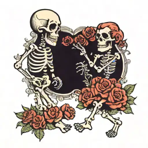 two skeletons two stepping together representing love tattoo design idea