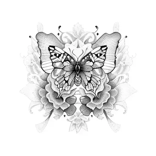 A blackwork tattoo of a butterfly surrounded by a variety of different flowers, including primrose, violet, and marigold, creating a beautiful and harmonious composition tattoo design idea