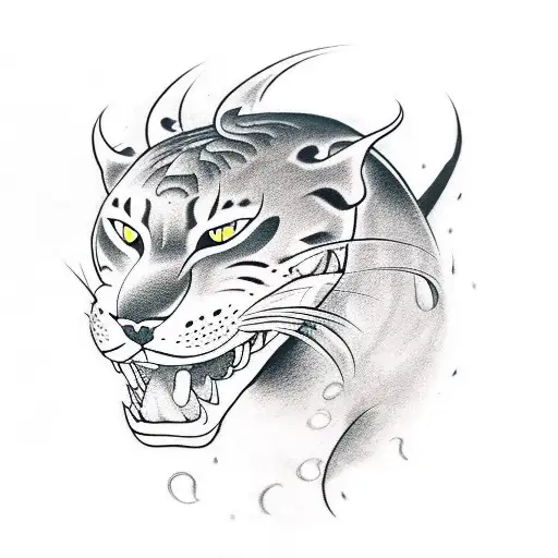 panther head side on with flames and mouth open tattoo design idea